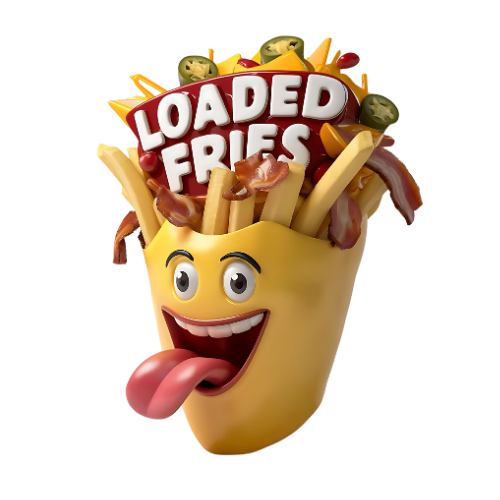 Loaded Fries character Frietkar steekt tong uit en fulle loaded. Friet met topping.